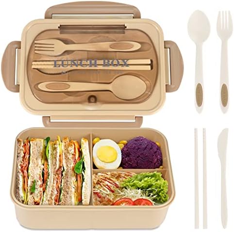 Bento Box for Adult, 1200 ML Lunch Containers, LeakProof Lunch Box with Utensils, BPA Free, 3 Compartment Bento Box Microwave Safe, Khaki
