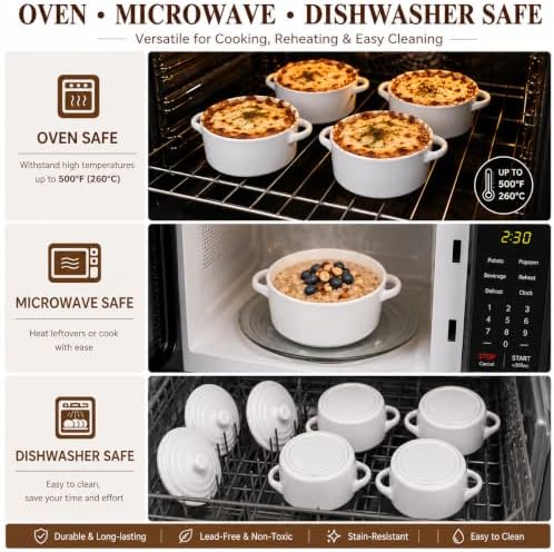 Mini Dutch Oven Set of 4, 14 oz Ceramic Mini Dutch Ovens with Lids and Handles, Ramekins with Lids for French Onion Soup, Pot Pies, Soufflés and Baked Desserts, Oven Microwave Dishwasher Safe, Mini Cocotte, White