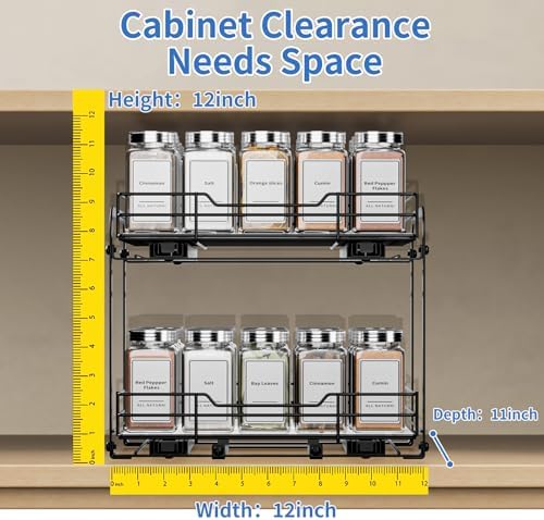 BOIVSHI 2-Tier Spice Rack Organizer, Pull Out Spice Rack for Cabinet, Height Adjustable Heavy Duty Metal Basket for Inside Cabinet & Pantry (11.5''Wx10.5''Dx9.5''H)