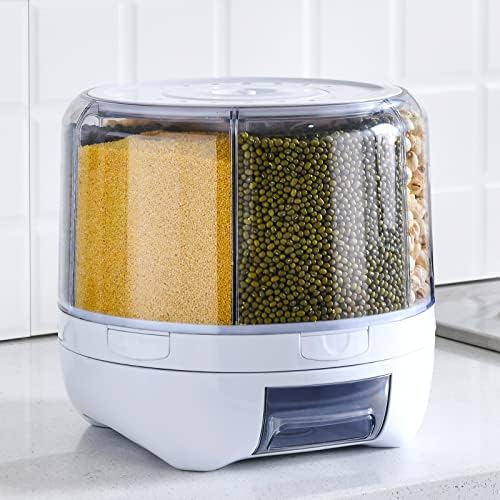 XIYAO 20Lbs Grain dispenser 360°Rotating Rice Dispenser 6 Grids Transparent Rotatable Cereal Storage Container with Sealed lid for Dry Food Beans Peanut Barley Millet Seeds