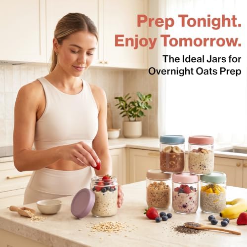 EDELHAUS Overnight Oats Containers with Lids - Glass Mason Jars, Meal Prep