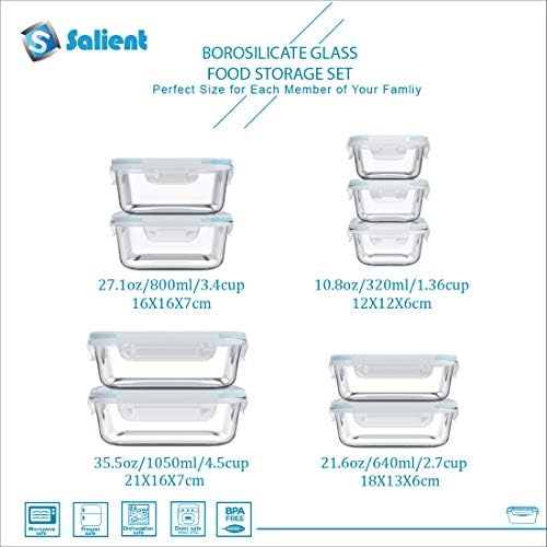 S SALIENT 18 Piece Glass Food Storage Containers with Lids, Glass Meal Prep Containers, food storage Containers for Food Storage, BPA Free & Leak Proof (9 lids & 9 Containers)