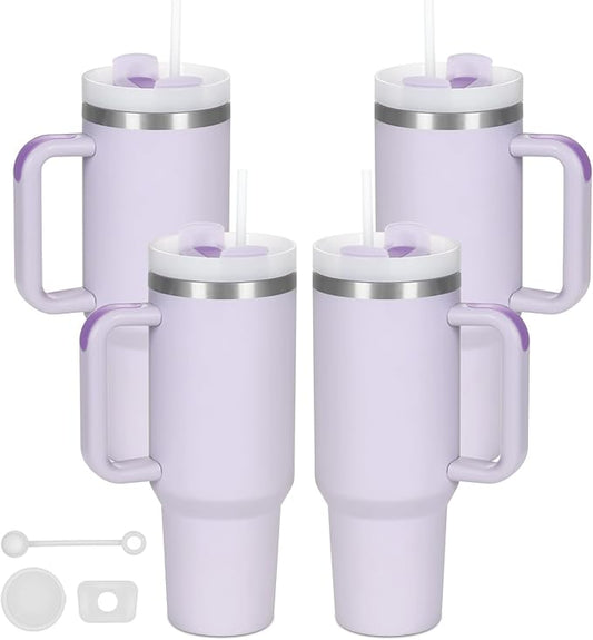 4 Pack 40 Oz Tumbler with Handle Bulk, Double Wall Vacuum Insulated Stainless Steel Tumbler with Lid and Straw, 40 oz cup with Silicone Spill Proof Stopper Set (Purple)