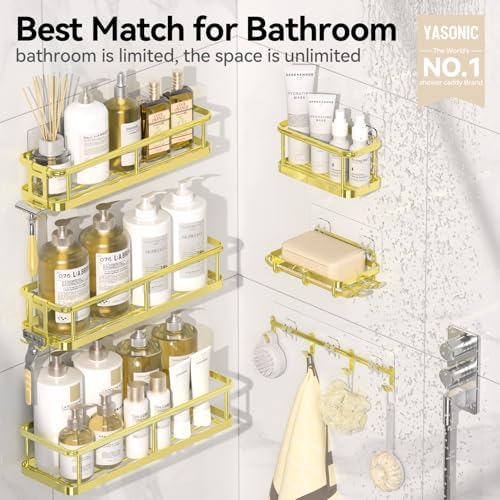 YASONIC Shower Caddy Adhesive, Rustproof Shower Organizer with Soap Holder, Large Capacity Shower Shelves for Inside Shower, No Drilling Bathroom Organizers and Storage for Home Decor（6 Pack Gold）