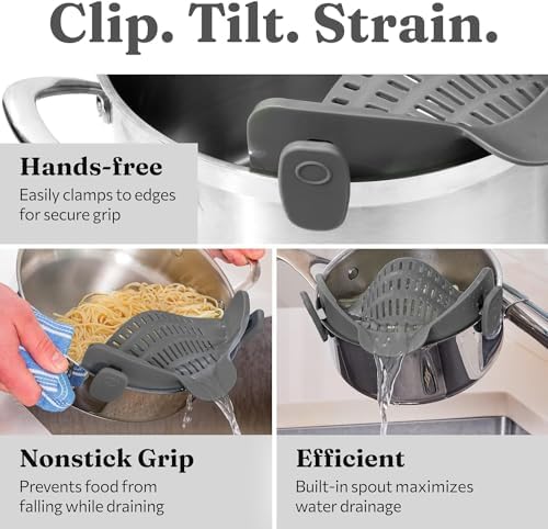 Kitchen Gizmo Snap N' Strain - Silicone Pasta Strainer Clip-On for Pots and Pans - Heat Resistant Colander for Vegetables and Noodles - Kitchen Gadgets for Cooking - Space-Saving Design - Gray
