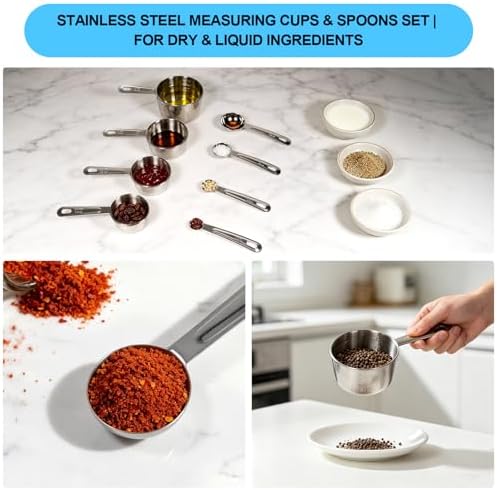 8 PCS Stainless Steel Measuring Cups and Spoons Set, Engraved Metric & US Measurement Measuring Cups and Spoons, Food Grade Metal Measure Cups for Dry & Liquid Kitchen Cooking Baking, Dishwasher Safe