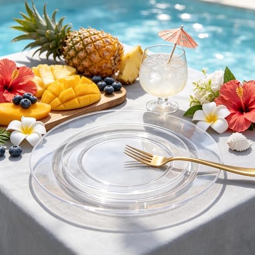 FLOWERCAT 60PCS Clear Plastic Plates - Disposable Clear Plates Heavy Duty for Fall Party/Wedding/Birthday- Include 30PCS 10.25inch Dinner Plates and 30PCS 7.5inch Dessert/Salad Plates