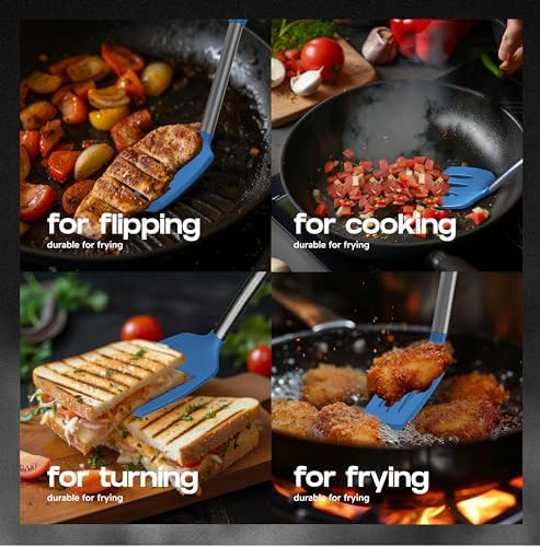 BakeRoyal Silicone Spatula Set - Turner Spatulas Silicone Heat Resistant 600°F - Slotted & Solid Spatula for Cooking Fish, Eggs, Pancakes Flipper – Spatulas for kitchen use – Blue