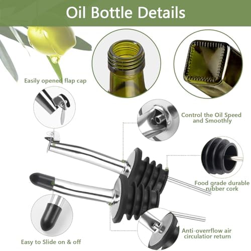Leaflai Glass Olive Oil Dispenser and Vinegar Dispenser Set with 2 Stainless Steel Pourers, 4 Labels, 1 Brush and 1 Funnel Oil Bottles for Kitchen (500ml)
