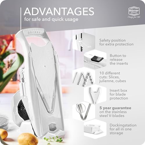 Börner Mandoline Slicer V5 (Professional Set) • Adjustable Vegetable Slicer (7-piece) • 10 Cutting Styles • Kitchen Slicer incl. Docking Station • Stainless Steel V-Blade • Color: White
