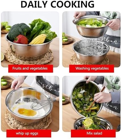 Multifunctional Stainless Steel Basin, Germany 3 In 1 Grater Strainer Vegetable Cutter with Drain Basket Salad Maker Bowl for Kitchen 10.5 inch