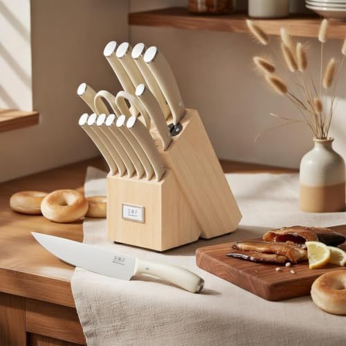 WANGMAZI 15-Pcs Knife Block Set, High Carbon Steel Ultra Sharp, Natural