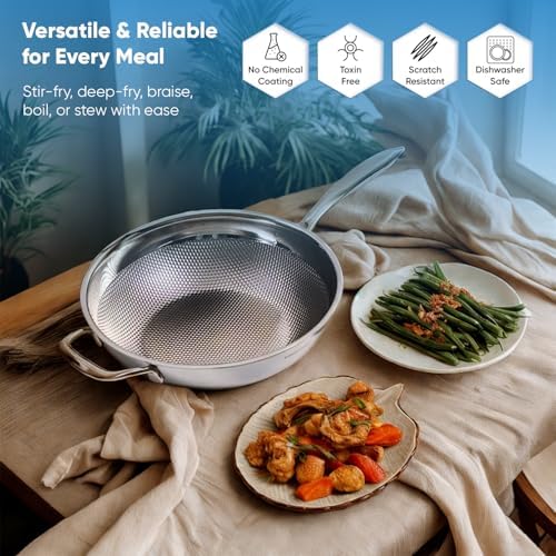 BUFFALO Honeycomb 3ply Stainless Steel Wok Pan 11 inch/28cm with Lid Flat Bottom - Coating-Free Non-stick Stir Fry Pan - Advanced, Scratch-Resistant Design with Stay-Cool Long Handle