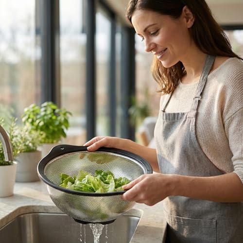 304 Stainless Steel Colander 3-Quart, Heavy Duty Metal Strainer with Riveted Handles, Micro-Perforated Food Strainer for Draining Pasta, Orzo, Rice, Berry, Stable Ring Base, Rust Free