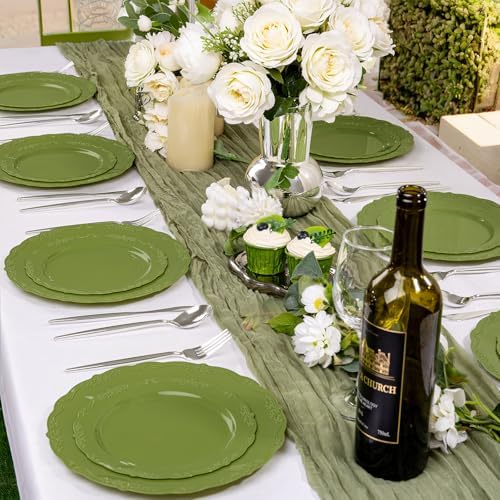 U-QE 100PCS Olive Green Plastic Plates - Plastic Green Plates Disposable
