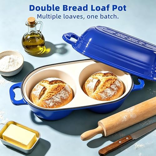 Enameled Cast Iron Dutch Oven Pot with Lid, Double Bread Loaf Pan