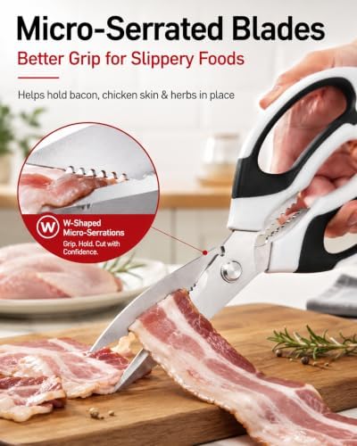 Kitchen Shears for Everyday Food Prep, Serrated Stainless Steel Kitchen Scissors with Comfort Grip Handles and Protective Sheath, Dishwasher Safe Food Scissors for Herbs, Bacon, Pizza, Food Package
