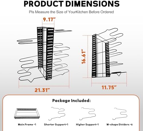 Pots and Pans Organizer Rack under Cabinet 15.7 Height, 8 Tiers Adjustable Pot Pan Rack with Adjustable Pot Rack for Frying Pan, Cast Iron Skillet, Black