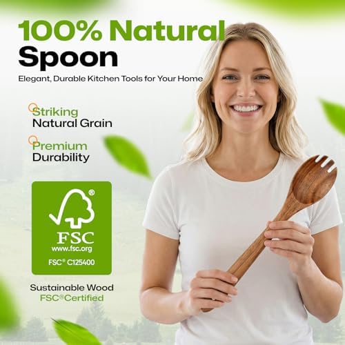 AIUHI Wooden Salad Spoon Fork, 2-in-1 Teak Wood Cooking Utensil, Long Handle Non-Stick Safe Pasta Server for Mixing Tossing Serving Salad Pasta and Fruits