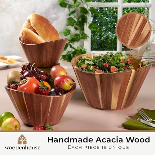 Wooden Salad Bowl Set of 3, Wavy 12" 10" 8" Wood Serving & Mixing Bowls