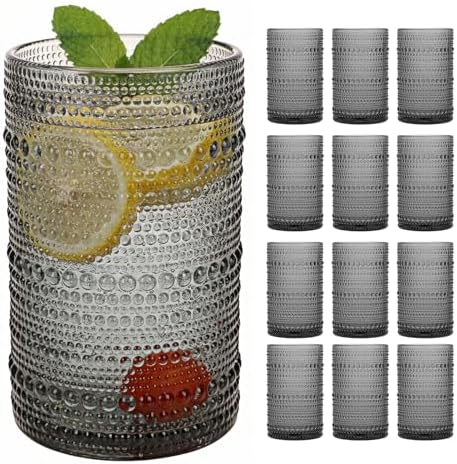 Moretoes 12 Pack 12 Oz Gray Hobnail Drinking Glasses Set Water Glass Cups
