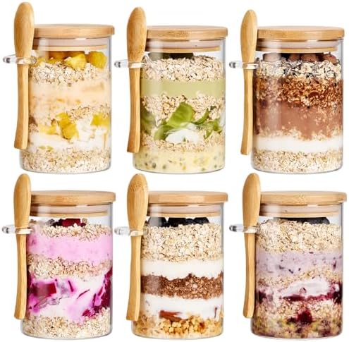 6 Pack Overnight Oats Containers with Bamboo Lids and Spoons - 22 oz Airtight Glass Jars with Lid, Meal Prep Jars for Chia Pudding, Yogurt, Salad, Cereal, Coffee, Flour | Food Storage Canister