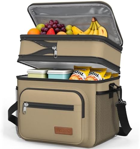 HOTOR Lunch Box Men Women Double-Layer Insulated Lunch Bag Brown 12L