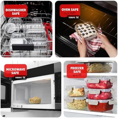 EATEX 32pc Glass Storage Containers with Lids, 16 Glass Food Storage Containers with 16 Airtight Lids for Pantry & Kitchen, Meal Prep Containers for Lunch, Oven Freezer Microwave & Dishwasher Safe