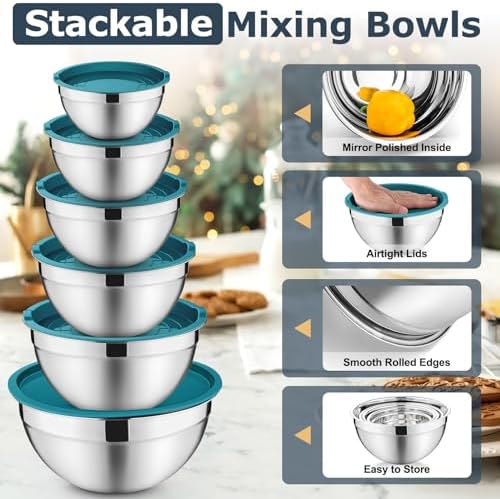 P&P CHEF Mixing Bowls with Lids Set of 6, Nesting Salad Bowl, Blue