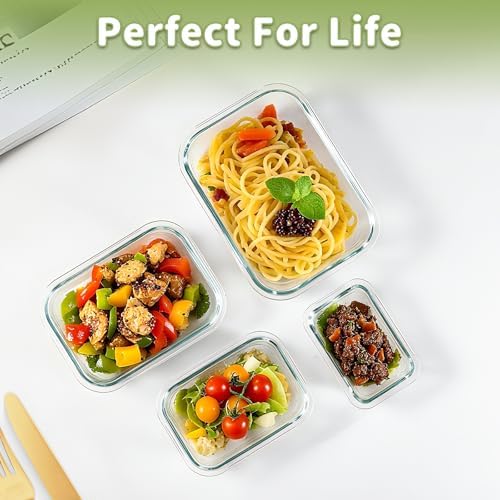 8 Pack Glass Food Storage Containers with Snap Locking Lids for Meal Prep