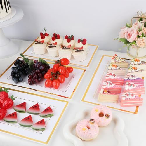 Mwellewm 12 Pcs White Plastic Serving Trays with Gold Rim, 14''x9'' Rectangle Dessert Trays for Dessert Table, Disposable Platters Cookie Cupcake Gold Serving Tray for Birthday Party Wedding