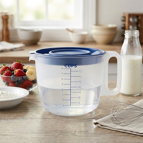 8 Cup Measuring Cup with Splash Guard Lid, BPA-Free Plastic Mixing Bowl for Baking, Pancakes & Meal Prep, Clear Accurate Measurement Marks