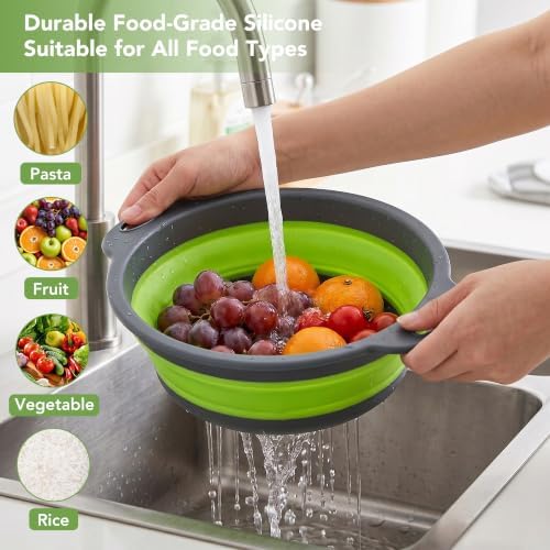 3-Pack Collapsible Colander for Kitchen with Self-Draining Base Foldable Strainers Set Round Food Drainer for Pasta Fruits and Vegetables (3QT, 4QT and 5QT)