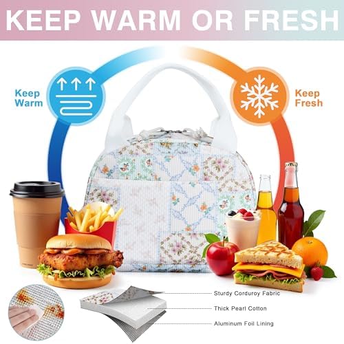 TESAFNG Lunch Bag - Insulated Lunch Box for Women, Reusable Large Capacity Cooler Bag for Adult, Small Leakproof Cute Corduroy Lunch Tote for Work Office Travel Picnic (Bee Floral)