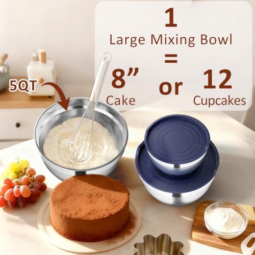 9 Pack Mixing Bowls with Airtight Lids & Grater Attachments, Navy