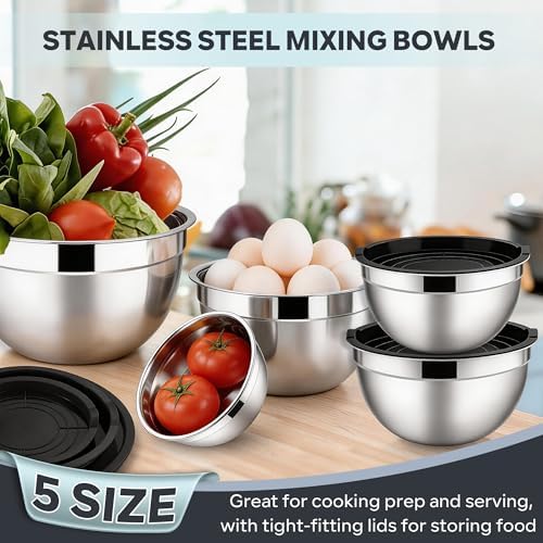 E-far Mixing Bowls with Lids Set, Stainless Steel Cooking Salad Bowl, Black