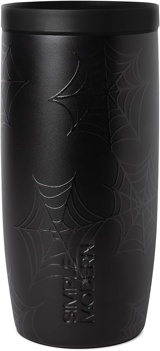 Simple Modern Halloween Signature Voyager | 16oz Travel Coffee Mug Tumbler with 360° Lid | Gifts for Women Men | Ceramic-Lined Insulated Stainless Steel Cold Brew Iced Coffee Cup | Spiderwebs