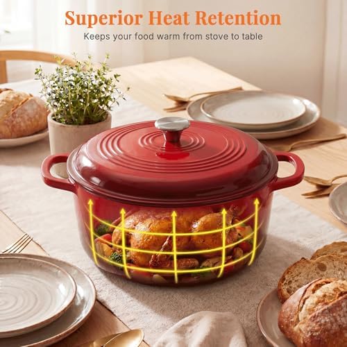NEWBULIG Cast Iron Dutch Oven, 6 Quart Enamel Dutch Oven Pot with Lid, Heavy Duty Cookware for Sourdough Bread, Braising, Stews, Roasting, Safe up to 500°F, Red