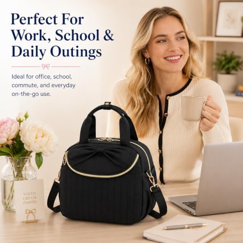 Bluboon Lunch Box for Women Cute Lunch Bag Reusable Insulated Lunch Bags Large Capacity Lunchbox Cooler for Work Picnic or Travel Gifts (Large Bow Solid Black, 10 x 7.5 x 8 inches)