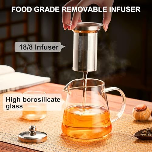 PARACITY Glass Teapot Stovetop 44 OZ, Borosilicate Clear Tea Kettle with Removable 18/8 Stainless Steel Infuser, Teapot Blooming and Loose Leaf Tea Maker Tea Brewer for Camping, Travel (1300ml)