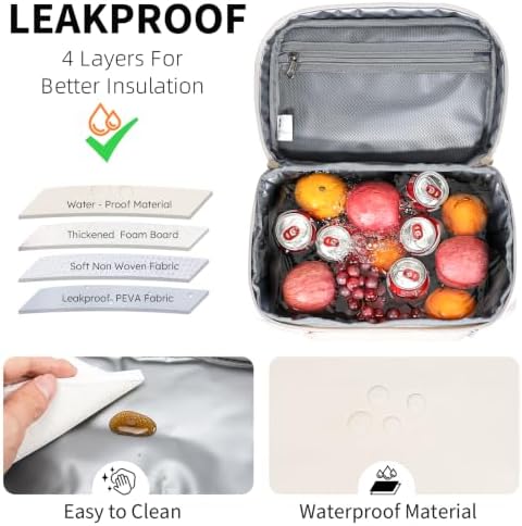 NOL Insulated Lunch Bag for Women Men Adults, Reusable Lunch Tote with Adjustable Shoulder Strap, Leakproof Thermal Food Cooler Bag with Front Pocket and Side Mesh Pockets for Work Travel, Cream