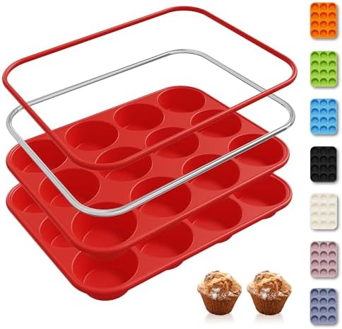 2 Pack 12 Cups Silicone Muffin Pan with Metal Reinforced Frame Regular Size Silicone Molds Cupcake Cake Baking Pans Cookie Baking Chocoflan Cupcake Mold Nonstick Muffin Tin Home Baking Supplies