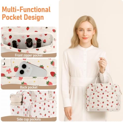Lunch Bag Large Insulated Lunch Box for Women Adult Cute Pink Strawberry Lunchbox Corduroy Lunch Bags Boxes Pail with Shoulder Strap for Work Mom Picnic Office Travel 11.4×6.8×9.1 inches 11.5L