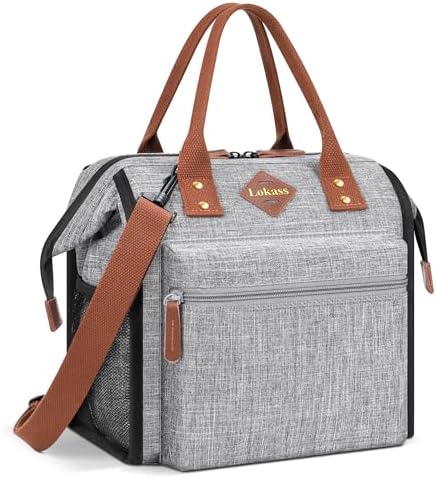 LOKASS Leak-proof Lunch Box for Women Insulated Lunch Cooler Bag Thermal Lunch Tote with Removable Shoulder Strap for Men Adults Large Picnic Bag for Office Work Outdoor, Grey