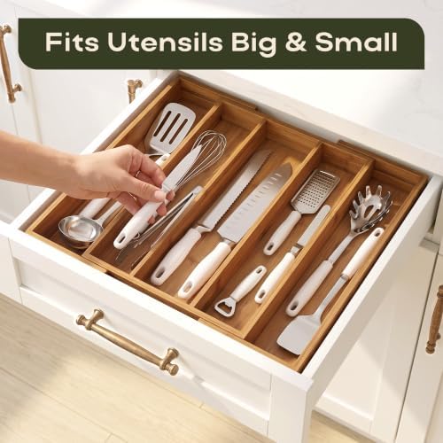 ROYAL CRAFT WOOD Carbonized Bamboo Kitchen Drawer Organizer - Silverware Organizer - Utensil Holder and Cutlery Tray with Grooved Drawer Dividers for Flatware and Kitchen Utensils, 5 Slot