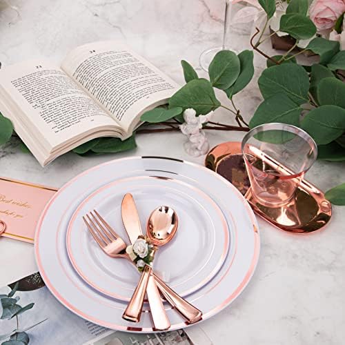 WELLIFE 350 Pieces Rose Gold Plastic Dinnerware, 50 Guests Disposable Plates with Rose Gold silverware and Cups, 50 Pre Rolled Napkins with Cutlery, Perfect for Wedding and Party
