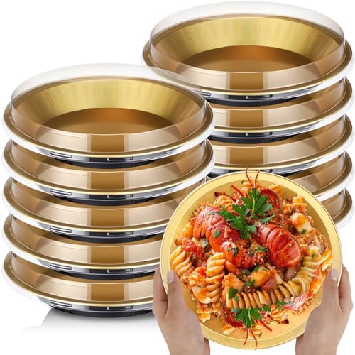 10 Pack 9 Inch Heavy Duty Aluminum Pie Tins with Lid, Black,Gold