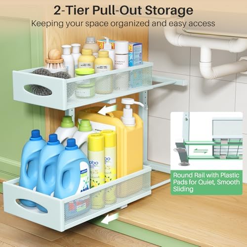 2 Pack Under Sink Organizer, 2 Tier Pull out Cabinet Organizer Mesh Baskets with 5 Adjustable Heights, Sliding Drawers Storage Shelf for Home, Kitchen, Bathroom, Pantry, Office, Countertop ,Blue