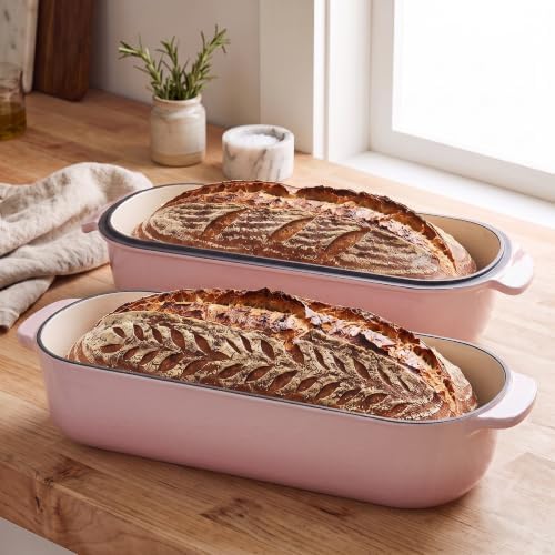 EDGING CASTING Enameled Cast Iron Loaf Pan with Lid, Bread pan, Dutch Oven Bread pan for Homemade Sourdough Bread Baking, 12.5x5.5 inch, 5qt, Pink