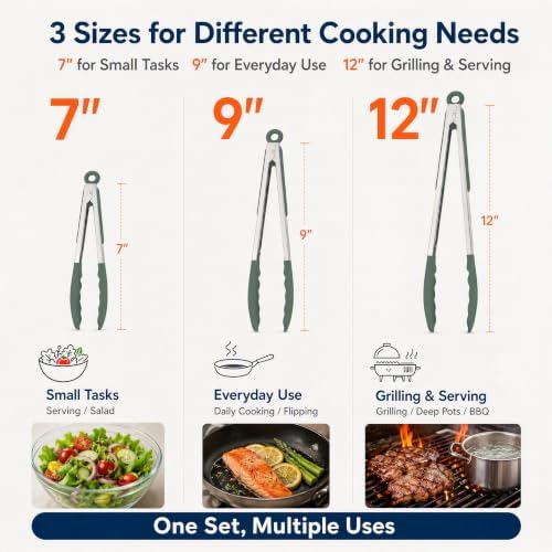 Kitchen Tongs with Silicone Tips, Locking Cooking Tongs, Set of 3